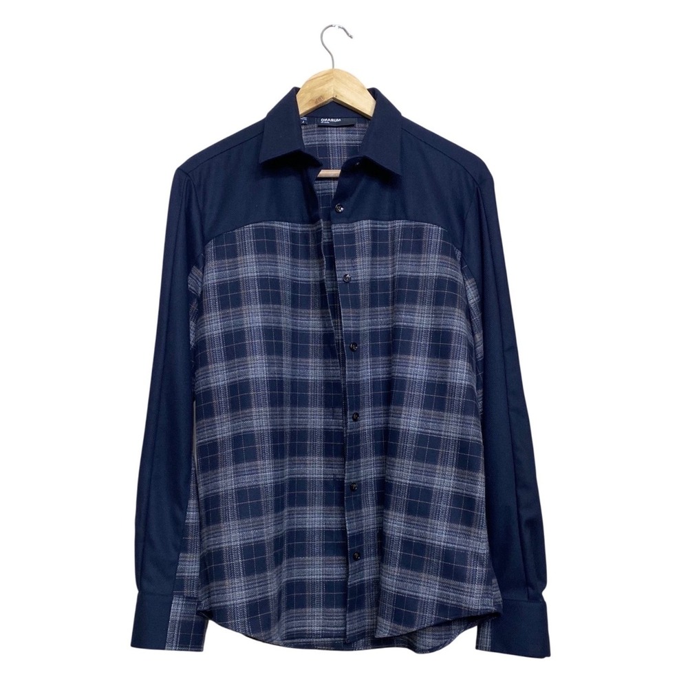 Murano Mens Slim Fit Button Down Shirt Navy Blue Plaid Mixed Media Long Sleeve L